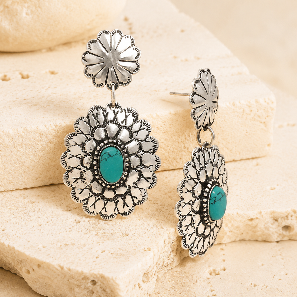 Western Concho Textured Flower Gemstone Earring