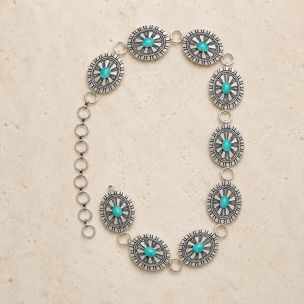 Western Gemstone Concho Flower Fashion Chain Belt on cream stone