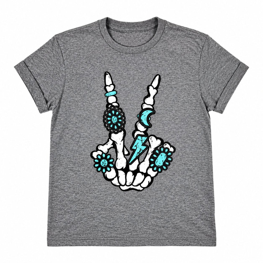Western Skeleton Victory Sign Tee in Graphite Heather