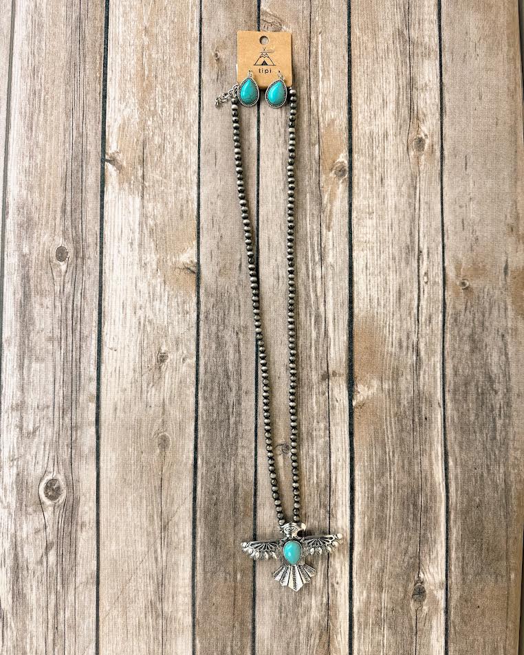 Western Thunderbird Gemstone Navajo Pearl Necklace & Earring Set - LECCE
