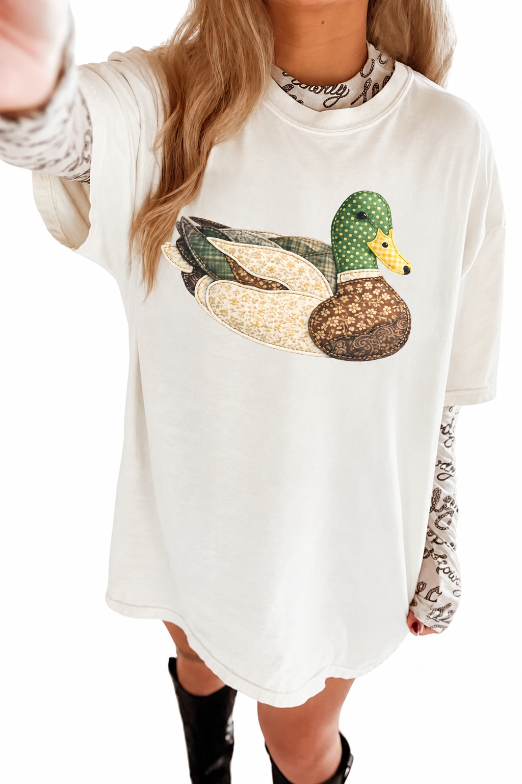White Bohemian Mallard Duck Applique Short Sleeve Graphic T-Shirt