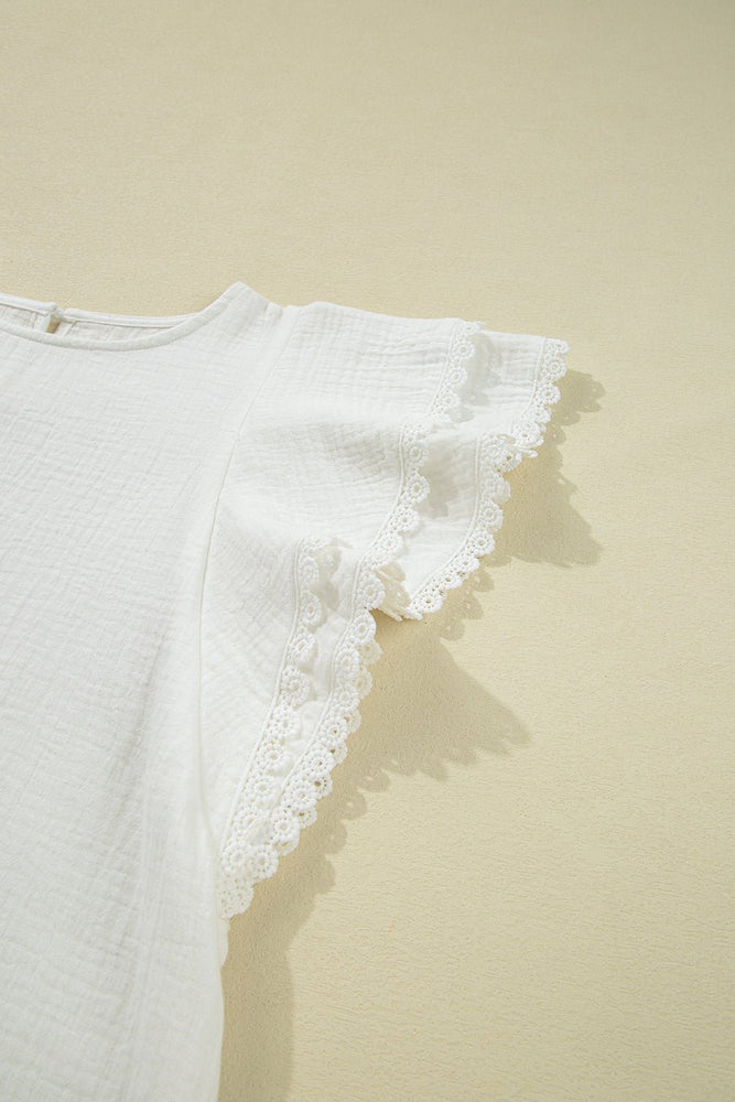 White Crinkle Ruffle Flutter Sleeve Blouse - LECCE