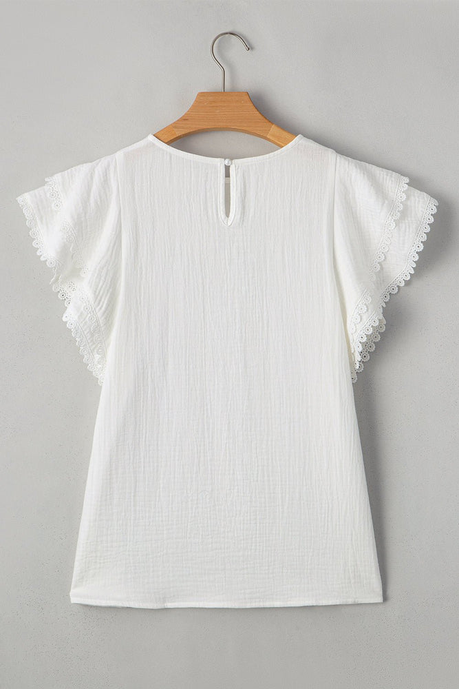 White Crinkle Ruffle Flutter Sleeve Blouse - LECCE