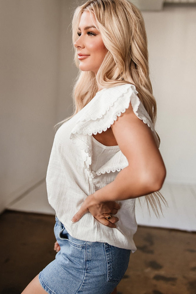 White Crinkle Ruffle Flutter Sleeve Blouse - LECCE