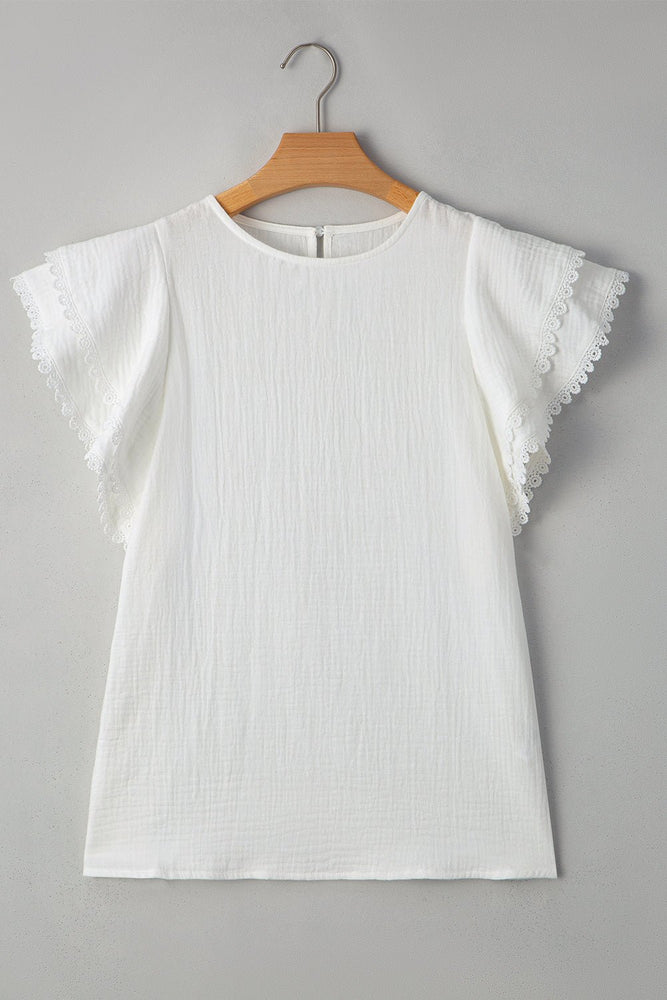 White Crinkle Ruffle Flutter Sleeve Blouse - LECCE