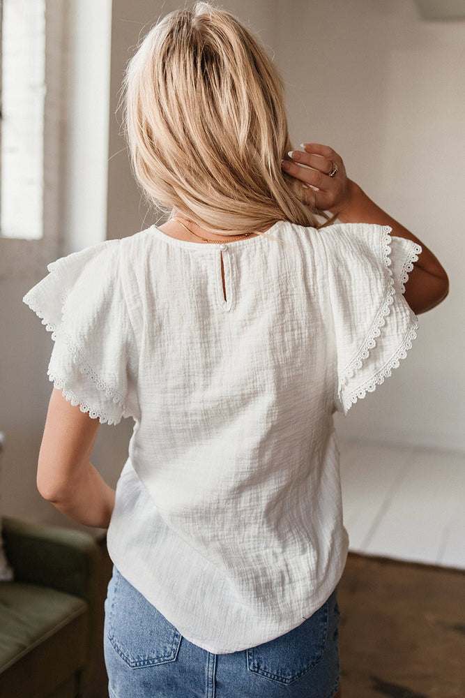 White Crinkle Ruffle Flutter Sleeve Blouse - LECCE