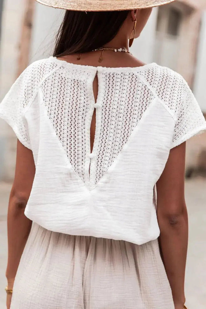 White Lace Crochet Button Back V Neck Top - LECCE