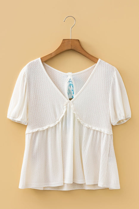 White Textured Knit Bubble Sleeve Peplum Top - LECCE