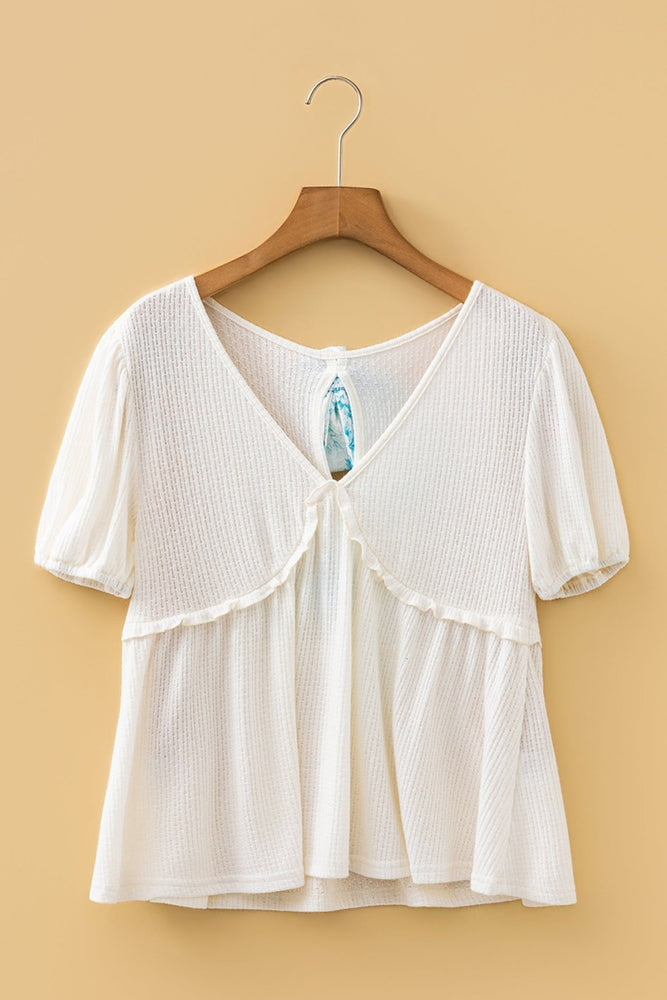White Textured Knit Bubble Sleeve Peplum Top - LECCE