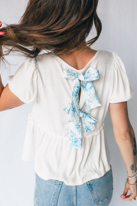 White Textured Knit Bubble Sleeve Peplum Top - LECCE