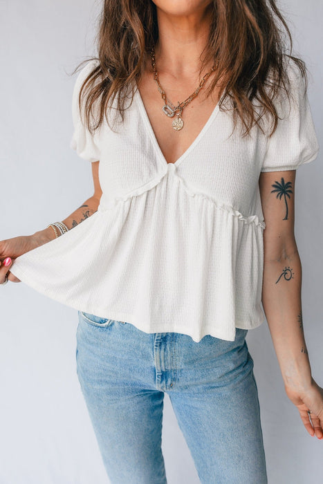 White Textured Knit Bubble Sleeve Peplum Top - LECCE