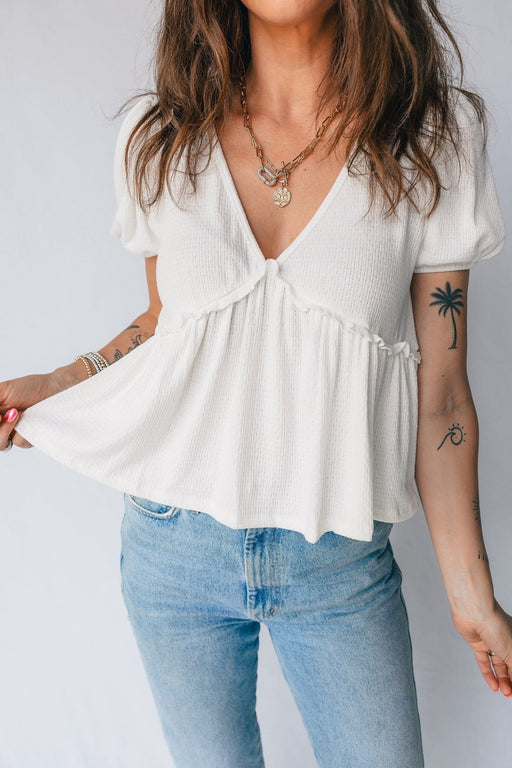 White Textured Knit Bubble Sleeve Peplum Top - LECCE