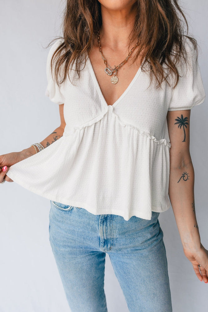 White Textured Knit Bubble Sleeve Peplum Top - LECCE