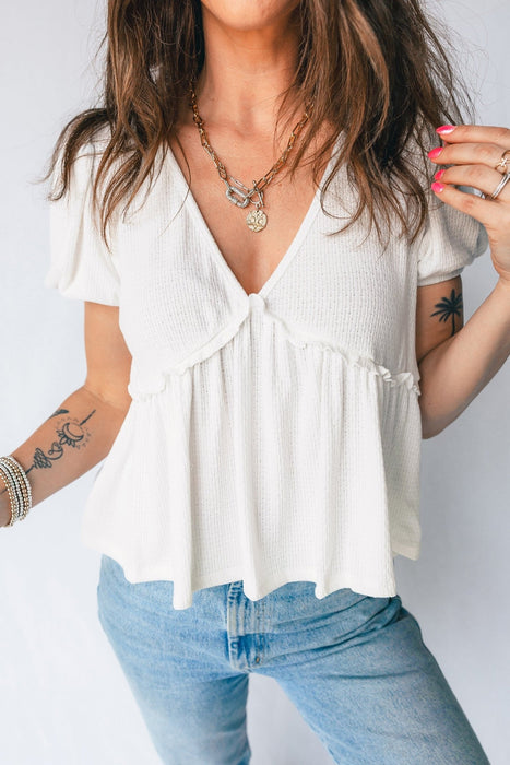 White Textured Knit Bubble Sleeve Peplum Top - LECCE