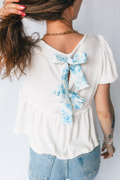White Textured Knit Bubble Sleeve Peplum Top - LECCE
