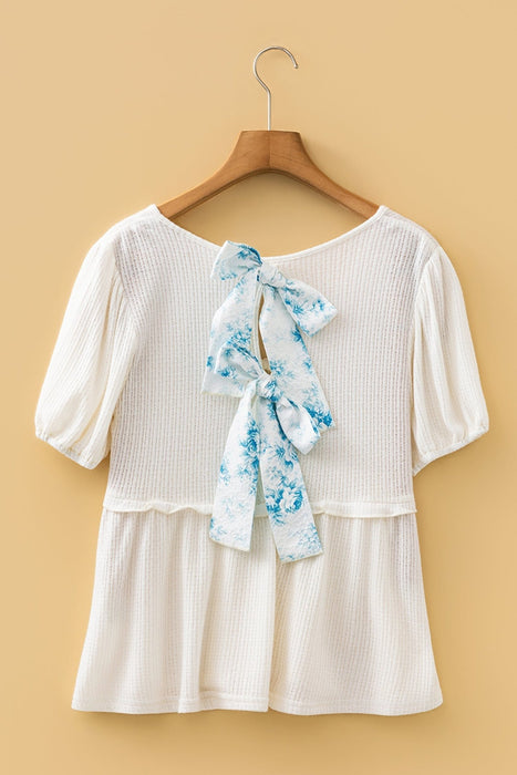 White Textured Knit Bubble Sleeve Peplum Top - LECCE