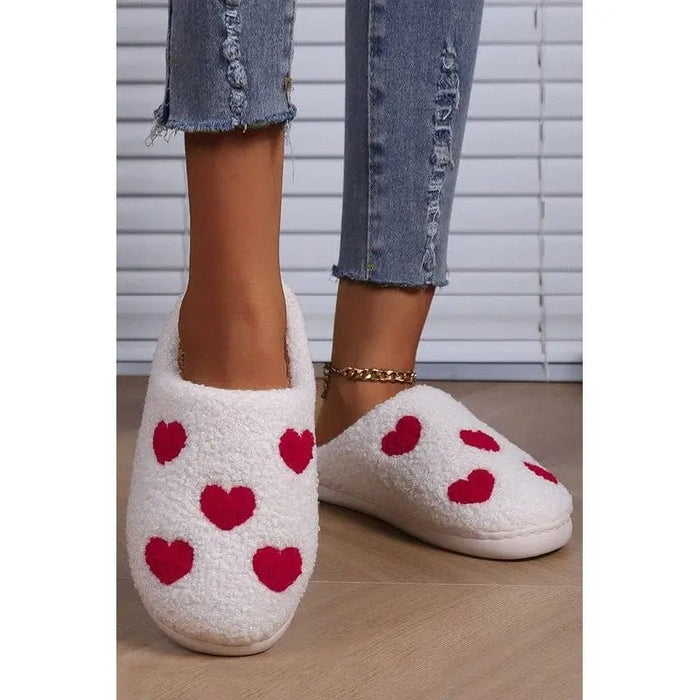 White Valentines Day Hearts Print Plush Slippers - LECCE