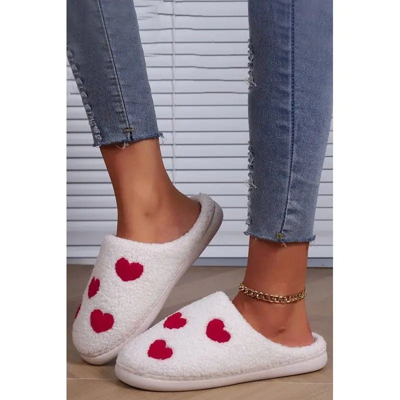 White Valentines Day Hearts Print Plush Slippers - LECCE
