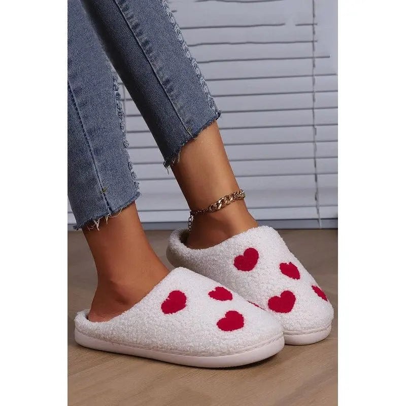 White Valentines Day Hearts Print Plush Slippers - LECCE