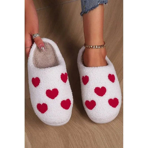 White Valentines Day Hearts Print Plush Slippers - LECCE