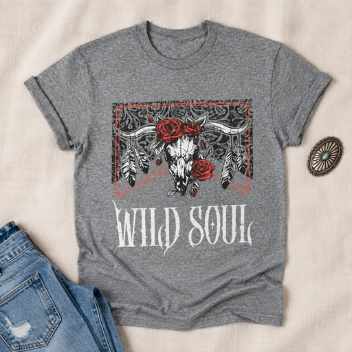Wild Soul Cowskull With Red Roses T-shirt flat lay