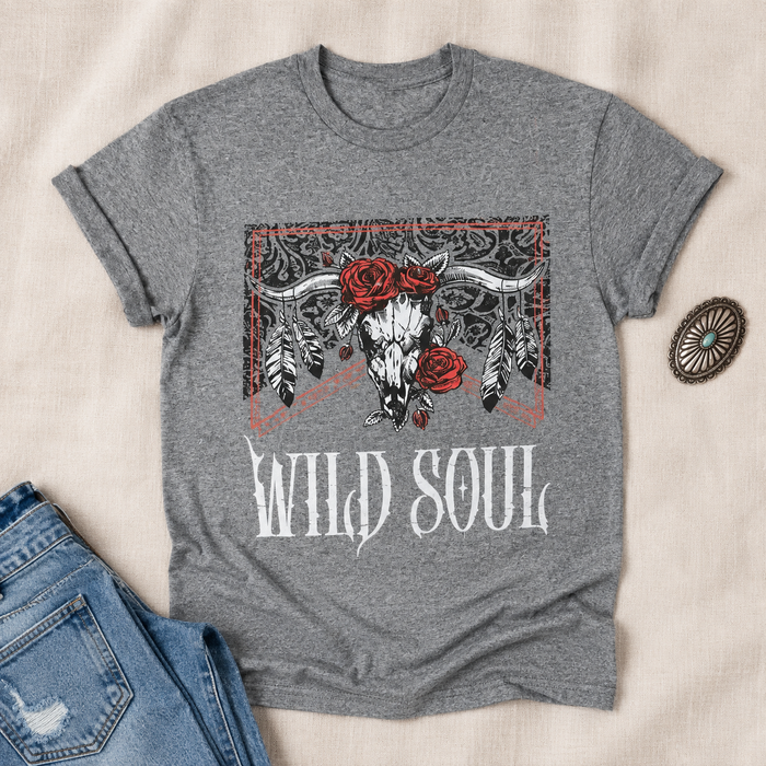 Wild Soul Cowskull With Red Roses T-shirt flat lay