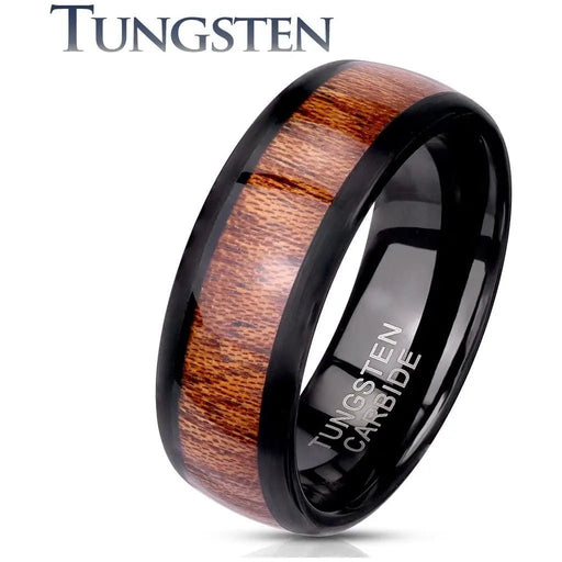 Wood Inlay Beveled Edges Black Tungsten Carbide Rings - LECCE