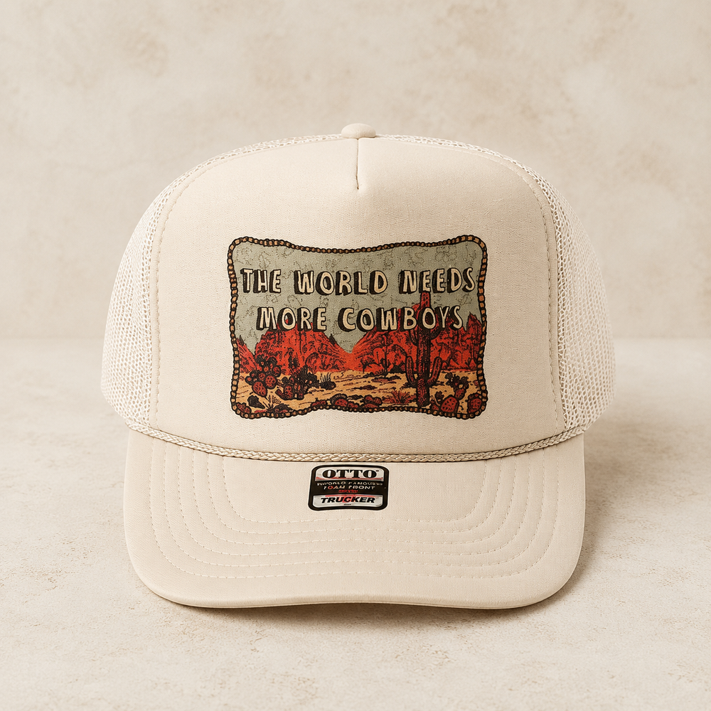World Needs More Cowboys Trucker on cream stone - LECCE catalog