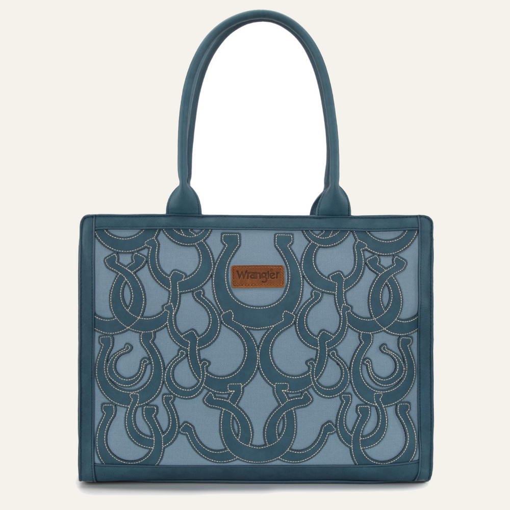 Wrangler Horseshoe Cutout Carry-All Large Tote Bag on soft white background