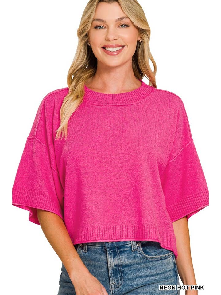 Viscose Mock Neck Short Sleeve Boxy Sweater — Neon Hot Pink