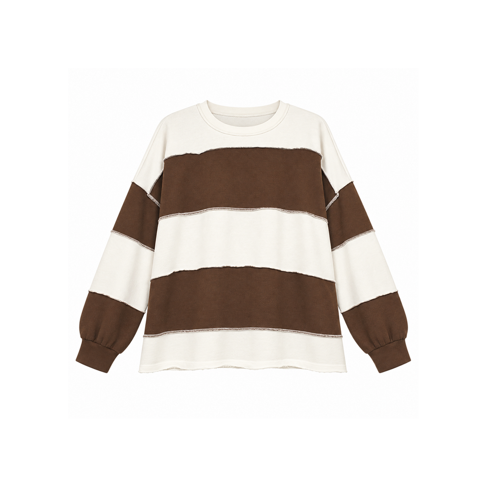 Zenana chocolate and ivory French terry color-block exposed-seam top on a white background