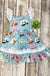  BLUE DRESS WITH CAMPING TRAILER PRINT & LACE DETAIL. 