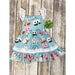  BLUE DRESS WITH CAMPING TRAILER PRINT & LACE DETAIL. 