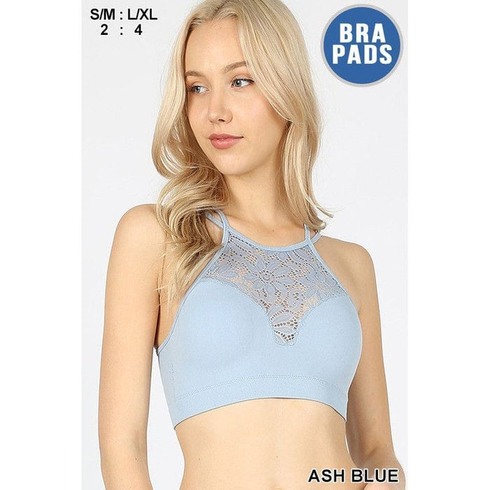 High neck lace cutout bralette with bra pads