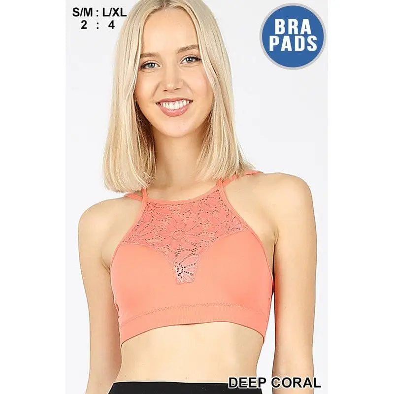 High neck lace cutout bralette with bra pads Zenana
