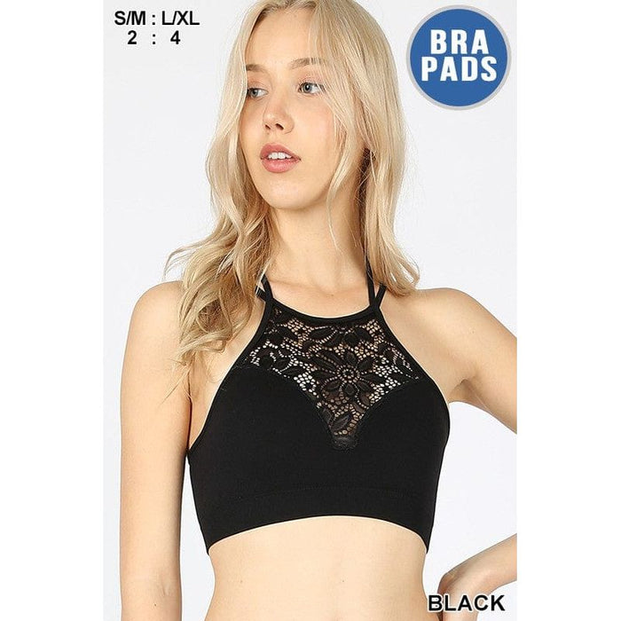 High neck lace cutout bralette with bra pads