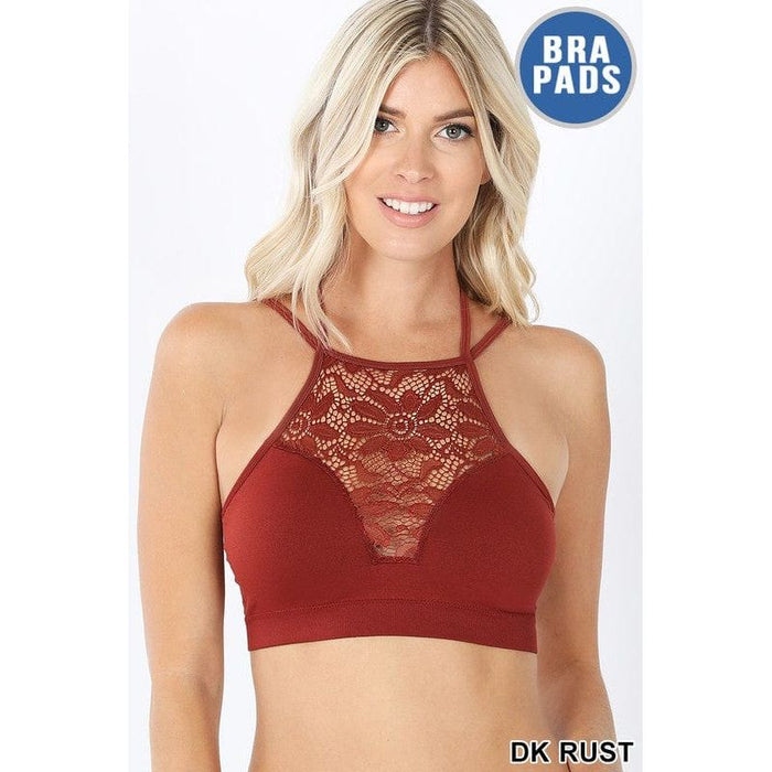 HIGH NECK LACE CUTOUT BRALETTE WITH BRA PADS - Country
