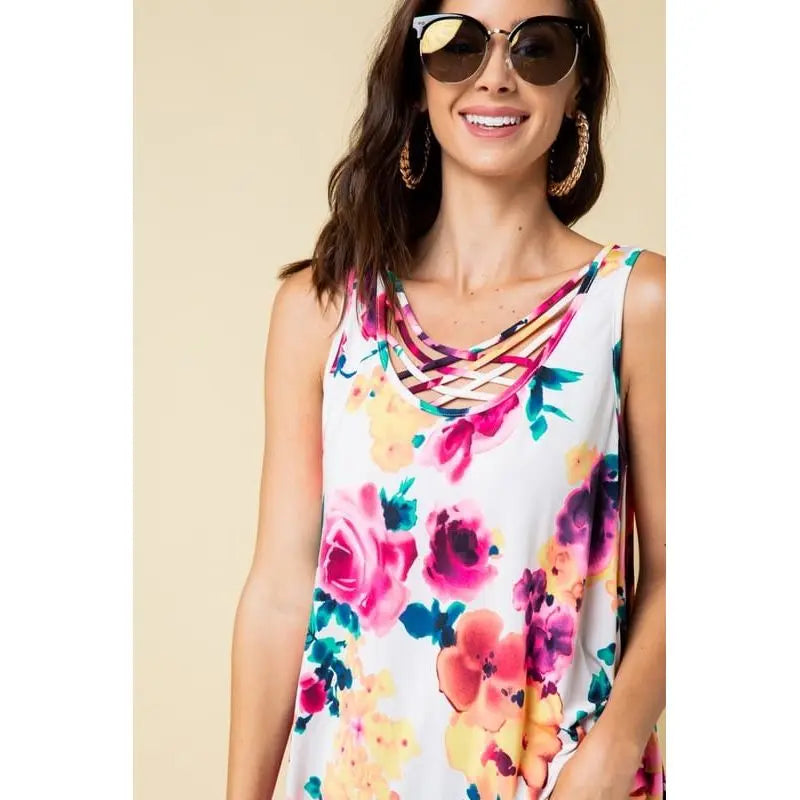 Floral Print Sleeveless Crisscross Top