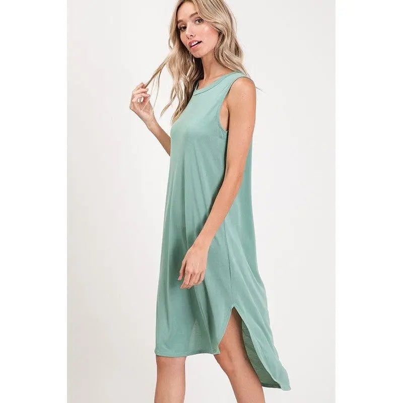 Cupro Round Neck Sleeveless Hi Low Hem Dress. LECCE