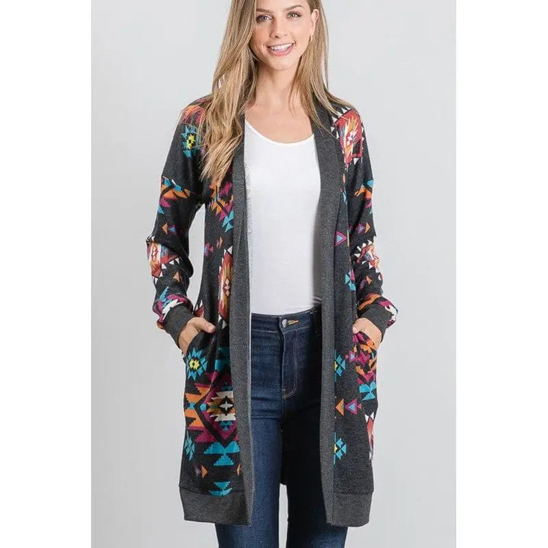 Aztec and solid open cardigan LECCE