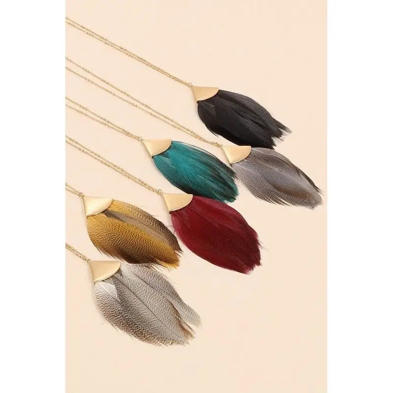 Feather Metal Pendant Long Necklace
