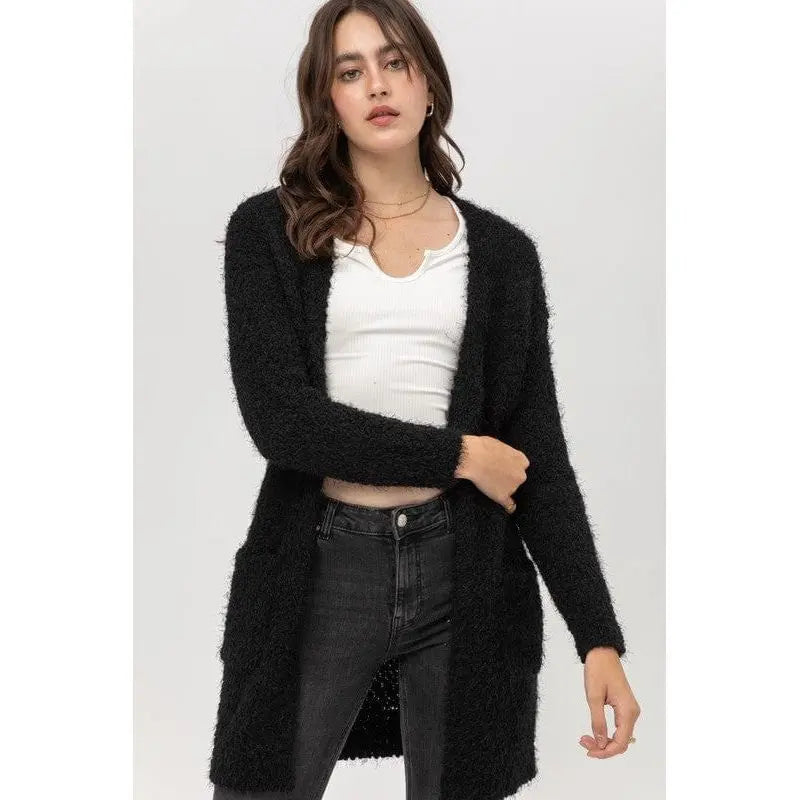 Popcorn Eyelash Open Front Long Line Cardigan Love tree