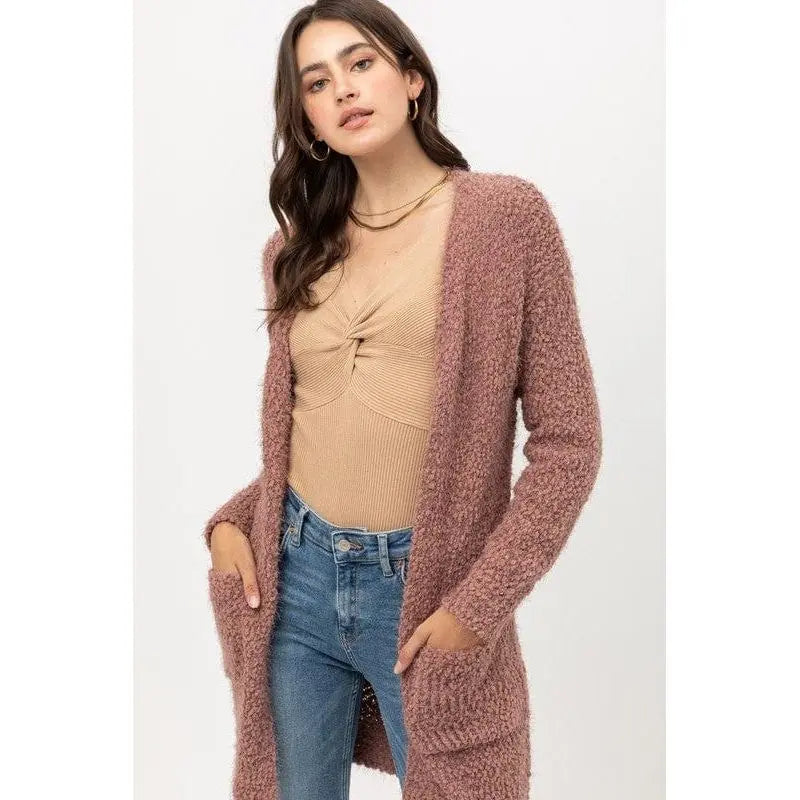 Popcorn Eyelash Open Front Long Line Cardigan Love tree