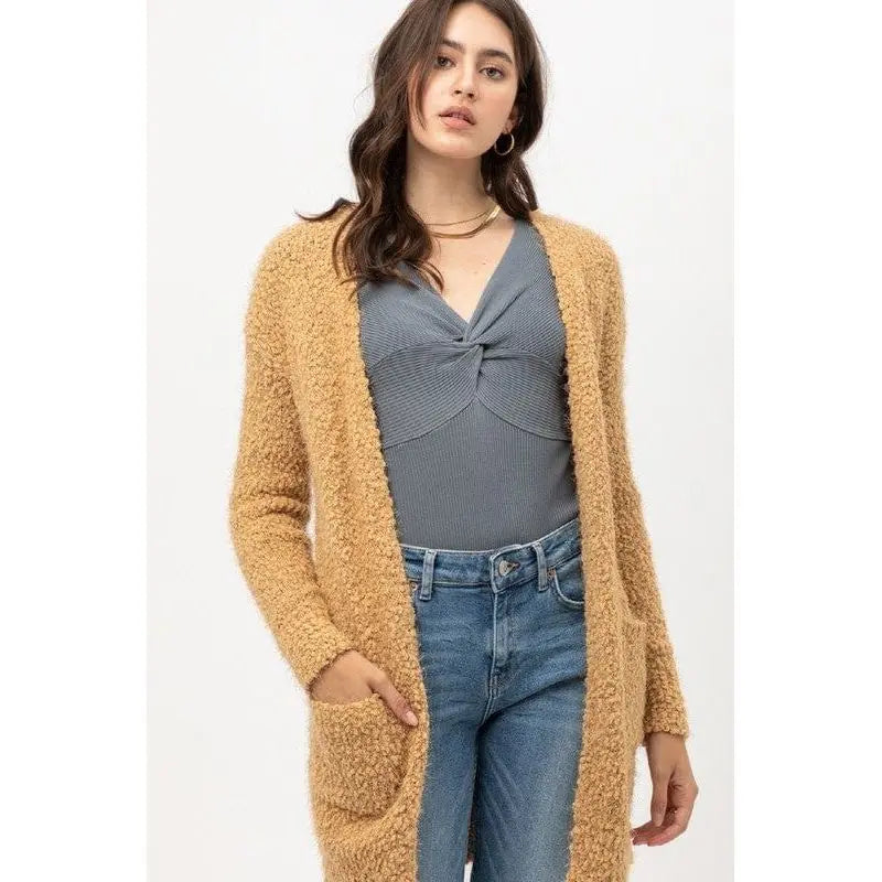 Popcorn Eyelash Open Front Long Line Cardigan Love tree