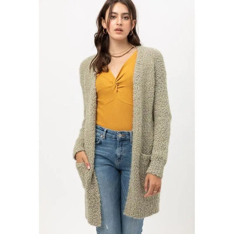 Popcorn Eyelash Open Front Long Line Cardigan Love tree