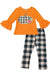 PLAID PUMPKIN APPLIQUE ON ORANGE RUFFLE TOP W/ LEGGINGS MULTI PRINTED STRIPE . LECCE