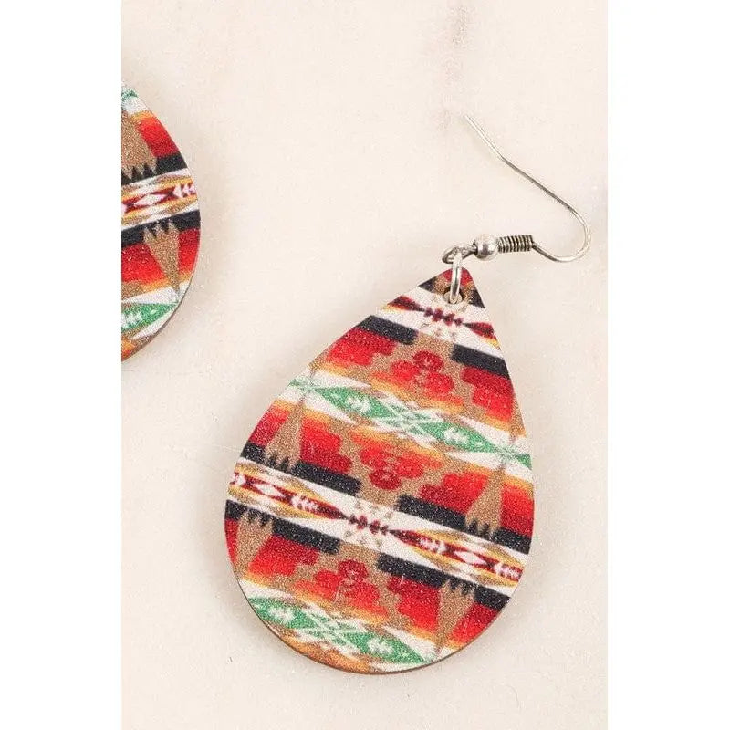 Navajo Print Tear Drop Wooden Dangling Earrings LECCE