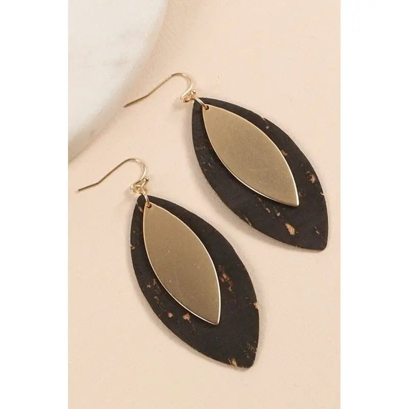 Leaf Shape Cork Metal Dangling Earrings
