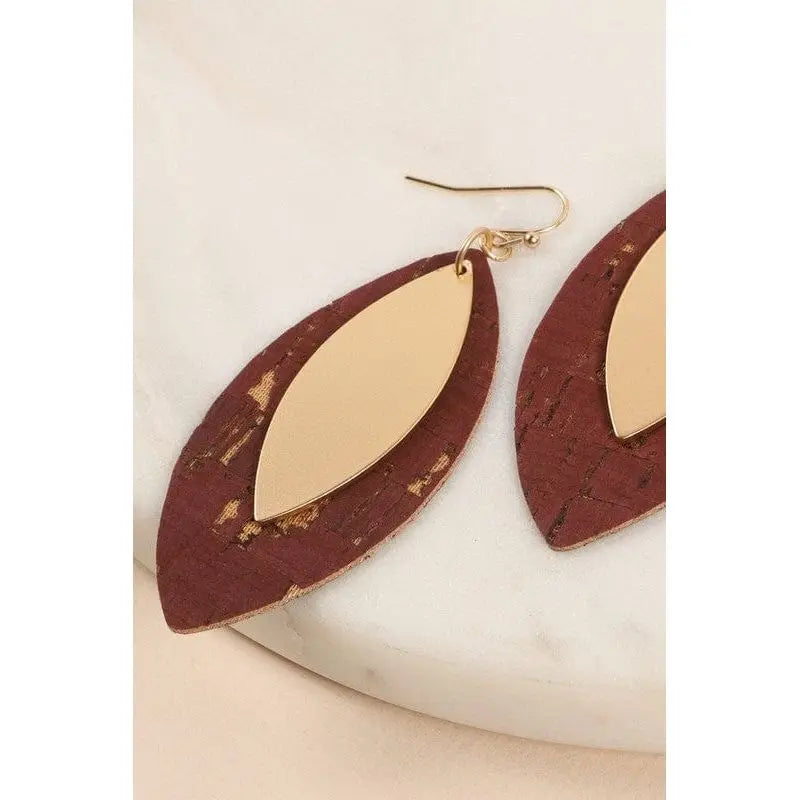 Leaf Shape Cork Metal Dangling Earrings