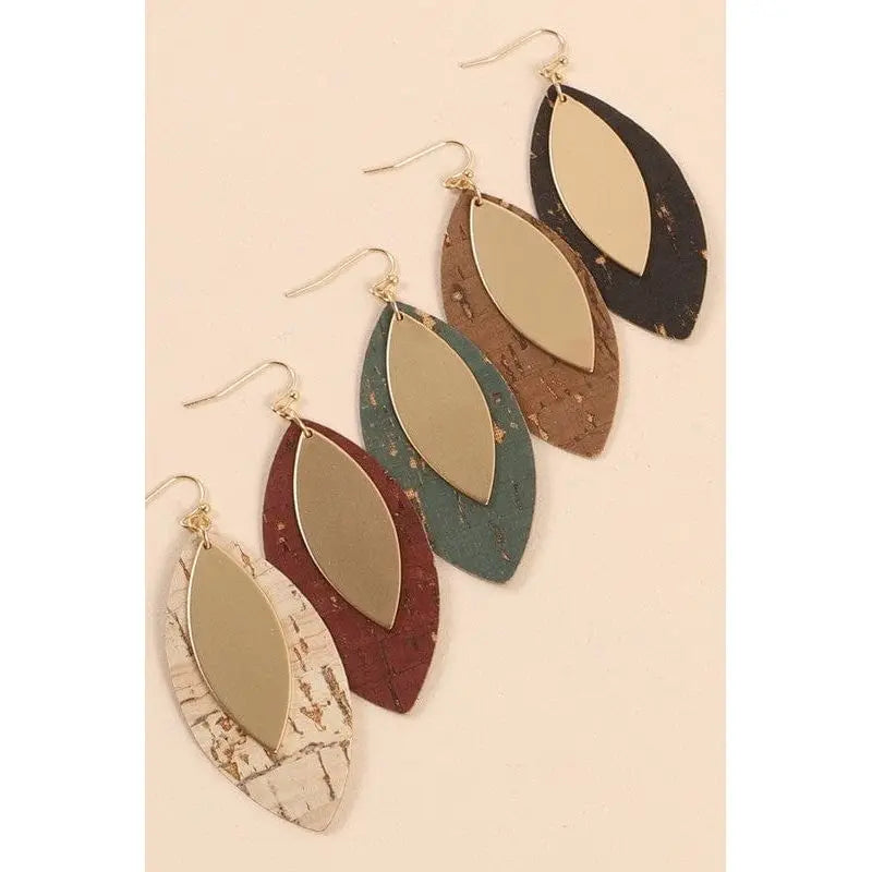 Leaf Shape Cork Metal Dangling Earrings